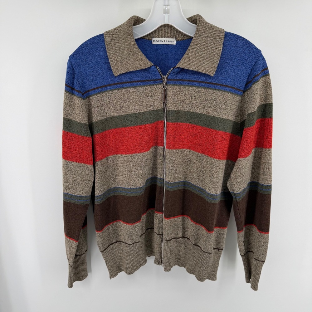 Karen Lessly Womens Striped Full Zip Knit Sweater Multicolor Collared 90s Retro